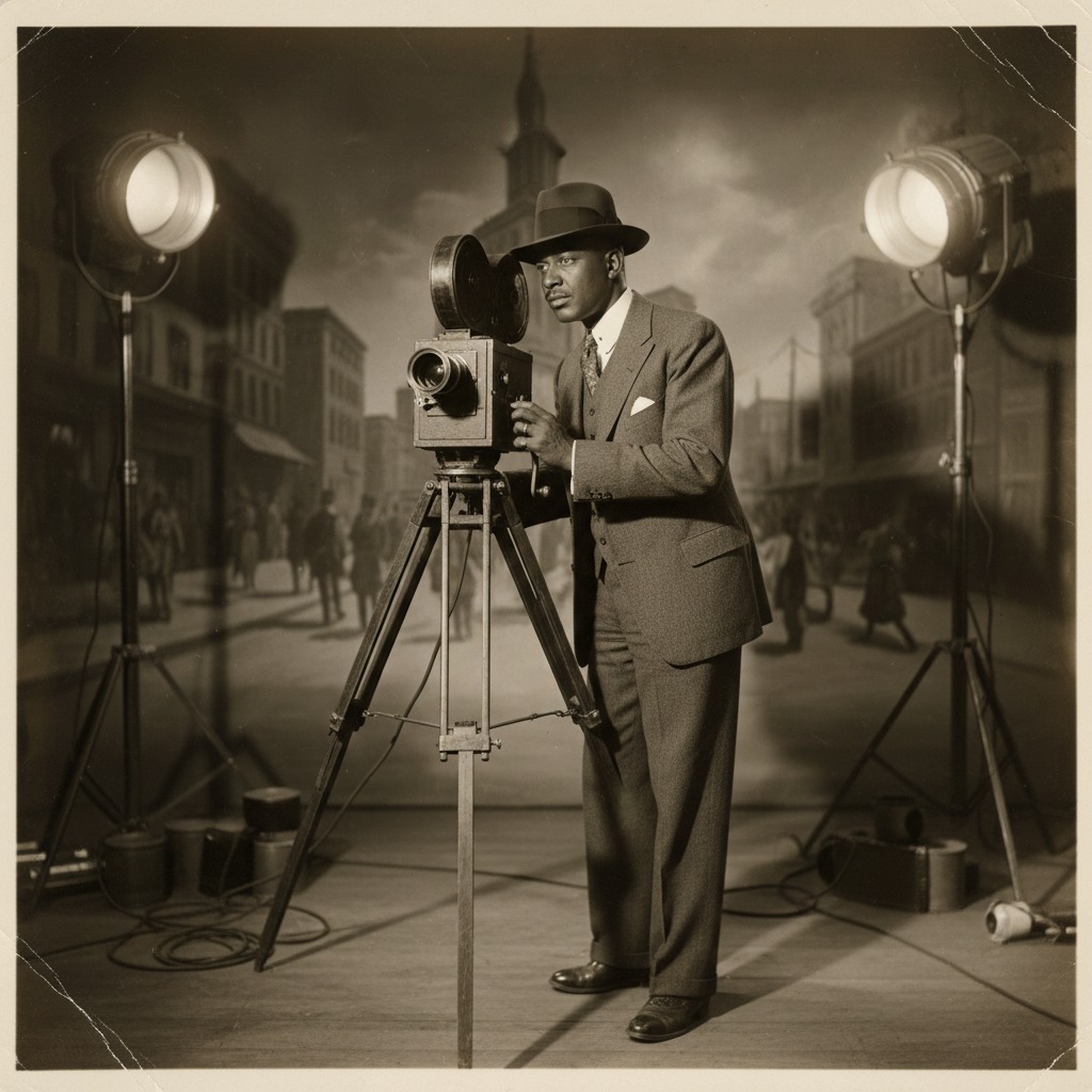 A Black man in a suit and fedora operates a vintage movie camera on a tripod in a studio with large stage lights and a painted city street backdrop.
