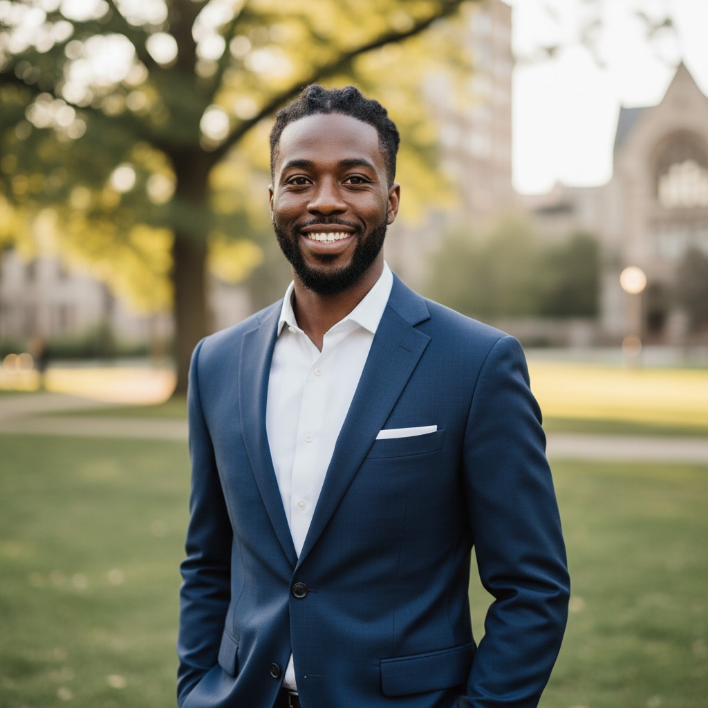 A Black man in a blue suit and white shirt smiles at the camera on a grassy campus.